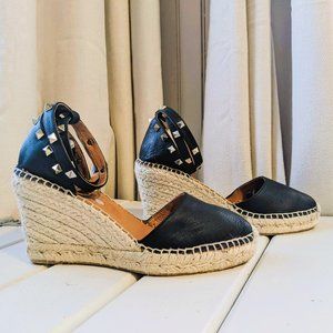 Maypol Anthropologie Black Leather Espadrille Wedges Studded Size 7.5